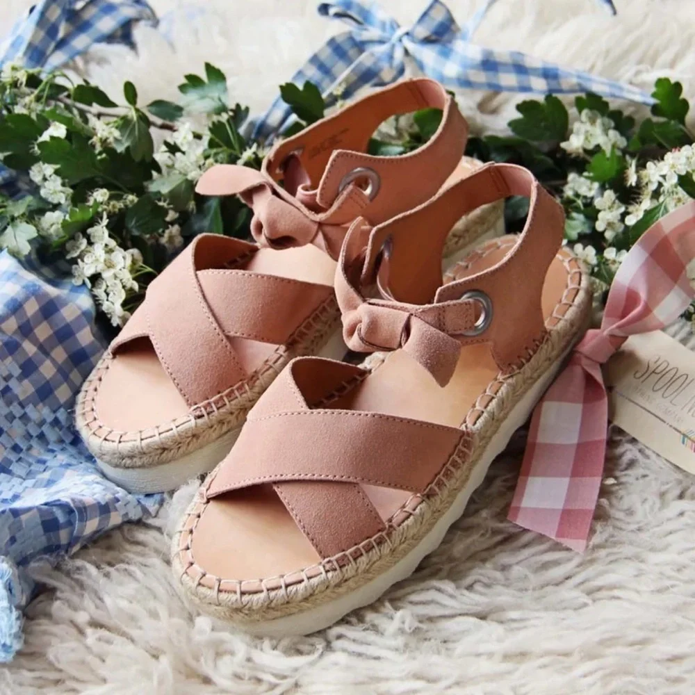 Frye Lula Blush Pink Suede Bow Knot Espadrille Platform Sandals Frye Size 7.5M